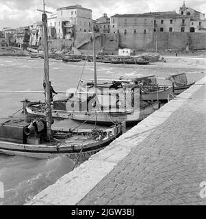 14. Schweden, Italien. Fotojournal ist bei B.M.A. erhältlich + Fotoalben. Erwerb: Bücher und Archivmaterial. Fotos aufgenommen 1959-10-28,12 Bilder in Serie. Nach Angaben: Italien. Adriaküste, Trani, 28/10 -59. Boote in einem Hafen. Eine Reihe von Booten befinden sich in einem Hafen, in einer Gemeinde. Stockfoto