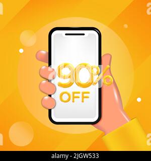 90 oder neunzig Prozent Rabatt auf das Design. Halten Sie ein Mobiltelefon mit einer Angebotsnachricht in der Hand. Sonderrabatt-Aktion, Poster-Vorlage für den Verkauf. Stock Vektor