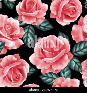 Nahtlose florales Muster mit roten Rosen auf schwarzem Hintergrund Stockfoto