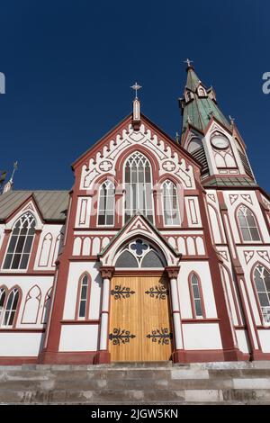 Die Kathedrale von Arica ist eine Kirche aus Metall, die in den Werkstätten von Gustave Eiffel in Frankreich gebaut wurde. Arica, Chile. Stockfoto