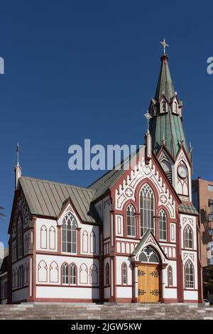 Die Kathedrale von Arica ist eine Kirche aus Metall, die in den Werkstätten von Gustave Eiffel in Frankreich gebaut wurde. Arica, Chile. Stockfoto