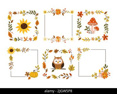 Dekorative Rahmen für den Herbst. Sammlung von sechs niedlichen Rahmen auf weißem Hintergrund isoliert. Saisonale Blumendekoration. Vektorgrafik. Stock Vektor