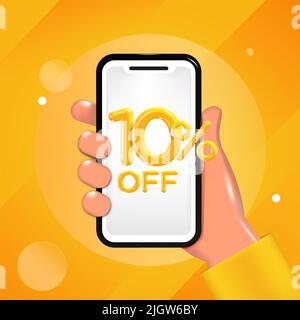 10 oder zehn Prozent Rabatt auf die Konstruktion. Halten Sie ein Mobiltelefon mit einer Angebotsnachricht in der Hand. Sonderrabatt-Aktion, Poster-Vorlage für den Verkauf. Vektorgrafik Stock Vektor