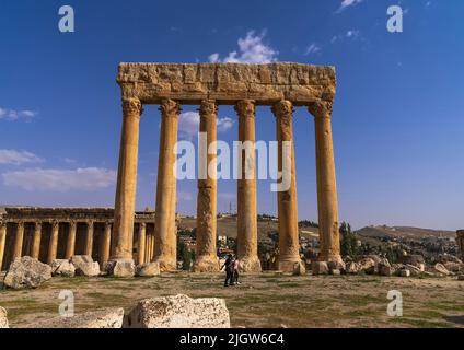 Römischer Tempel des Jupiter in der archäologischen Stätte, Baalbek-Hermel Governorate, Baalbek, Libanon Stockfoto
