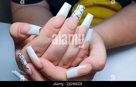 Verlängerung der Acrylnagel. Maniküre. Nagelkorrektur. Hände im Vordergrund. Platz kopieren. Stockfoto