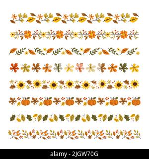 Kollektion mit Blumenmuster und Zierbordüren im Herbst. Nahtlose Grenzen mit Herbstblättern, saisonalen Blumen und Kürbissen. Isolierte Elemente. Vektorgrafik. Stock Vektor
