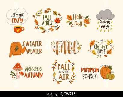 Autumn Label Collection. Saisonale dekorative Sätze isoliert auf hellem Hintergrund. Vektorgrafik. Stock Vektor