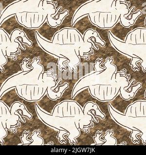 Braunes, handgezeichnetes Spinosaurus-Dinosaurier-Nahtloses Muster. Gender Neutral Jurassic fossile Silhouette für Baby-Nursery. Home Dekor für Museum, Aussterben Stockfoto
