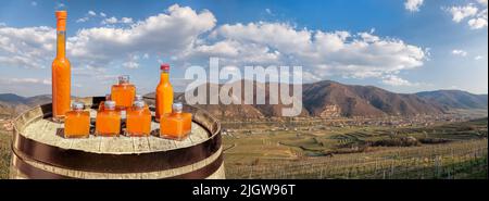 Panorama des Dorfes Weissenkirchen mit Aprikosengetränken auf Fass in der Wachau, Österreich Stockfoto