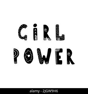 Mädchenpower. Handgezeichnetes skandinavisches Schriftzüge-Zitat für Kinder. Hygge Kinderposter. Vektor-Illustration im flachen Cartoon-Stil. Super für Karten Stock Vektor
