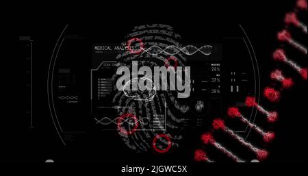 Bild der Datenverarbeitung und des sich drehenden dna-Strangs über biometrischem Fingerabdruck Stockfoto