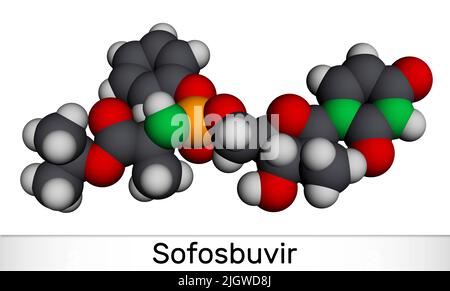 Sofosbuvir-Molekül. Es ist ein antivirales Medikament, das zur Behandlung von Hepatitis-C-Viren und HCV-Infektionen verwendet wird. Molekularmodell. 3D Rendern. Abbildung Stockfoto