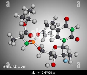 Sofosbuvir-Molekül. Es ist ein antivirales Medikament, das zur Behandlung von Hepatitis-C-Viren und HCV-Infektionen verwendet wird. Molekularmodell. 3D Rendern. Abbildung Stockfoto