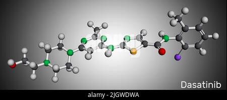 Dasatinib-Molekül. Es wird zur Behandlung von myeloischer Leukämie, CML und akuter lymphoblastischer Leukämie verwendet. Molekularmodell. 3D Rendern. Illustrati Stockfoto