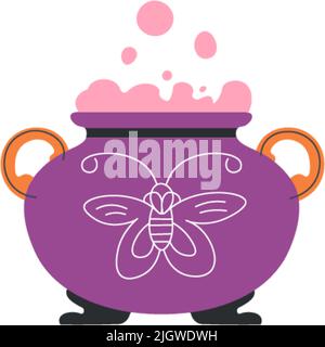 Kessel mit Zaubertrank, Topf mit rosa Blasen Stock Vektor