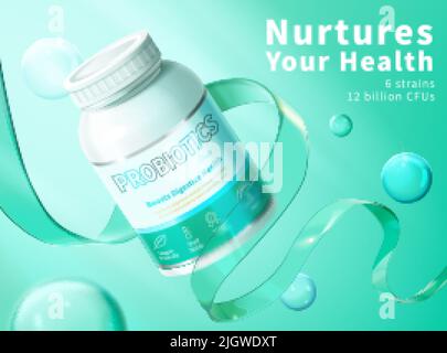 Kreative Probiotika Ergänzung Ad-Vorlage. 3D Zusammensetzung aus weißer Drogenflasche und grünem Glasmodell in Darmform. Konzept eines gesunden Verdauungssystems. Stock Vektor