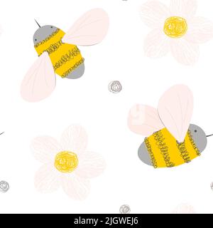 Niedliches nahtloses Muster mit Doodle Bienen und Blumen. Handgezeichneter Cartoon-Hintergrund für Babyartikel, Karten, Bienenzuchtverpackungen Stock Vektor