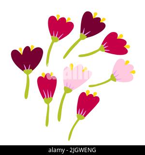 Cartoon abstrakte Blumen Set. Farbblüte isoliert auf weißem Hintergrund. Handgezeichnete Pflanzen mit Blütenblättern. Stilisierte Pfingstrosen, Rosen, Tulpen, Lilien. Summe Stock Vektor