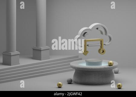 Schöne abstrakte Illustrationen Cloud Database Symbol auf einem Brunnen und Säulen Hintergrund. 3D Rendering-Illustration. Web-Hosting. Stockfoto