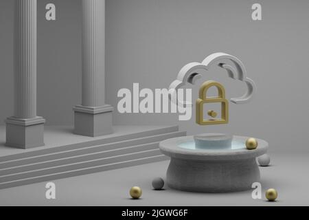 Schöne abstrakte Illustrationen Cloud Database Security Symbol Symbol auf einem Brunnen und Säule Hintergrund. 3D Rendering-Illustration. Web-Hosting. Stockfoto