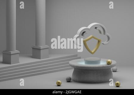 Schöne abstrakte Illustrationen Cloud Database Security Symbol Symbol auf einem Brunnen und Säule Hintergrund. 3D Rendering-Illustration. Web-Hosting. Stockfoto