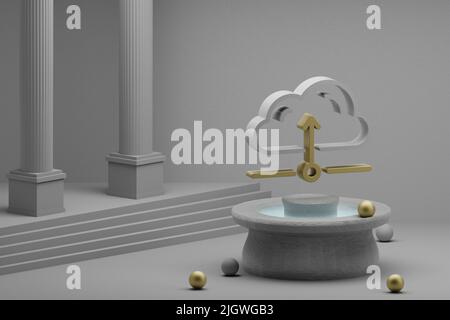 Schöne abstrakte Illustrationen Cloud Database Server Symbol Symbol auf einem Brunnen und Spalte Hintergrund. 3D Rendering-Illustration. Web-Hosting. Stockfoto