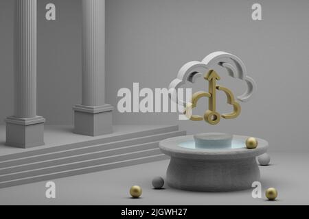 Schöne abstrakte Illustrationen Cloud Database Server Symbol Symbol auf einem Brunnen und Spalte Hintergrund. 3D Rendering-Illustration. Web-Hosting. Stockfoto