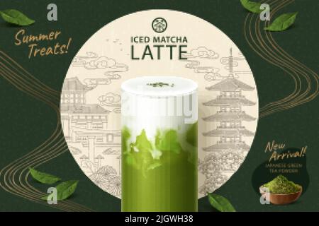 3D Illustration eines Glases vereisten Matcha Latte, serviert mit realistischem grünem Teepulver und Blättern auf einer japanischen Stadtkulisse im Tintenstil, die durch eine CI gesehen wird Stock Vektor