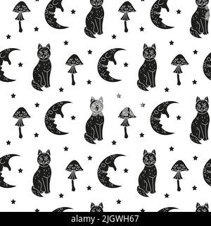 Halloween Nahtloses Muster mit niedlichen Cartoon-Katzen, Halbmonden und giftigen Pilzen auf weißem Hintergrund Stock Vektor