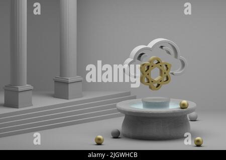 Schöne abstrakte Illustrationen Cloud Quantum Server Symbol Symbol auf einem Brunnen und Säule Hintergrund. 3D Rendering-Illustration. Web-Hosting. Stockfoto