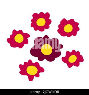 Vektor abstrakte Blumen Set. Farbkamillen isoliert auf weißem Hintergrund. Handgezeichnete Gänseblümchen. Cartoon rosa Blütenblätter Pflanze. Schild mit frischem Blumenstrauß. Symbol von Stock Vektor