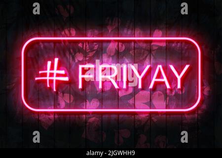 # Friyay Neonschild auf einer dunklen Holzwand 3D Illustration mit rotem Herz Hintergrund. Stockfoto