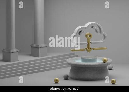 Schöne abstrakte Illustrationen Cloud Server Symbol-Symbol auf einem Brunnen und Säule Hintergrund herunterladen. 3D Rendering-Illustration. Web-Hosting. Stockfoto