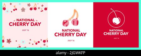 Set von National Cherry Day Grußbilder. Vektorgrafiken in EPS-Datei. Aquarell Kirsche und Blumen auf rosa und weißen Hintergründen. Stock Vektor