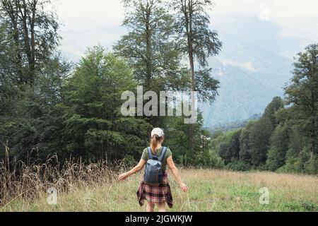 Rückansicht einer jungen Frau in einer Mütze mit Rucksack, die im Sommer durch das Waldhochland spazierengeht und eine wachsende Pflanze berührt, die die Naturauswahl genießt Stockfoto