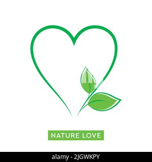 Grünes Blatt in einem Herzen Natur Liebe Grafik isoliert auf weißem Hintergrund Stock Vektor