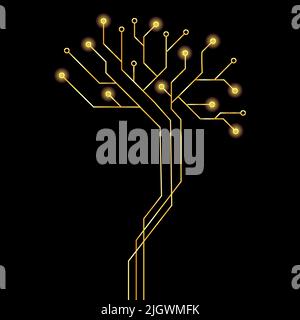 Goldenes digitales menschliches Gehirn von Leiterplattenspuren isoliert auf schwarzem Hintergrund. Vektordesign-Element. Stock Vektor