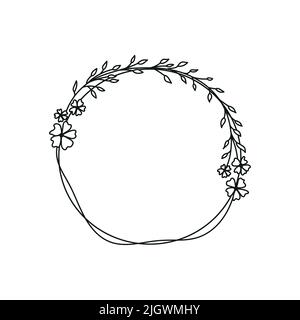 Handgezeichneter Vektor-Rundrahmen mit floralen Elementen, Kräutern, Blättern, Blumen, Zweigen, Verzweigungen. Stock Vektor