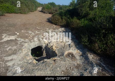 6. juni 2021 - Europa, Italien, Sardinien, Porto Torres, Nekropole von Su Crucifissu Mannu aus dem 4.. Jahrhundert v. Chr. Stockfoto