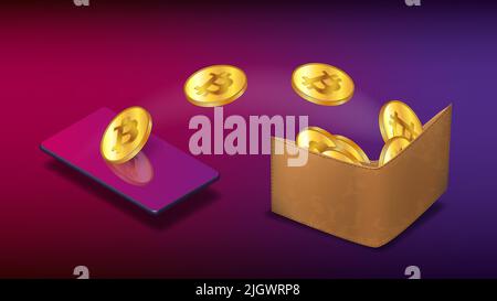Goldene Bitcoin-Münzen fliegen vom isometrischen Handy in die Ledertasche auf purpurem Hintergrund. Konzept der Übertragung von BTC-Kryptowährung auf Wallet mit Stock Vektor