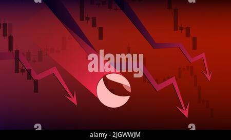Terra LUNA im Abwärtstrend und der Preis fällt auf dunkelrotem Hintergrund. Kryptowährung Münzsymbol und roter Pfeil nach unten. Kryptowährungshandelskrise und Stock Vektor