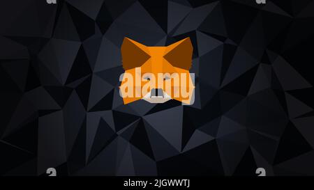 MetaMask Logo auf polygonalem dunklen Hintergrund. Krypto-Geldbörse für Defi, web3 Dapps und NFTs. Vektorgrafik. Stock Vektor