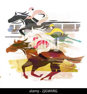 Rennpferde, Jockeys laufen Action. Eexpressive Illustration von drei Jockeys auf dem Pferd bei voller Geschwindigkeit. Imitation der Aquarellmalerei. Stockfoto