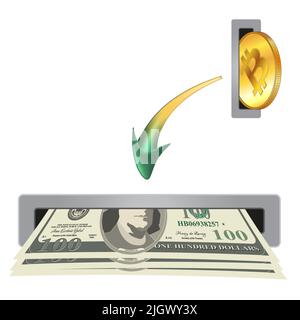 Konzept der Umwandlung von Bitcoin-BTC-Münzen in USD-Dollar-Bargeld. Vektorgrafik. Stock Vektor