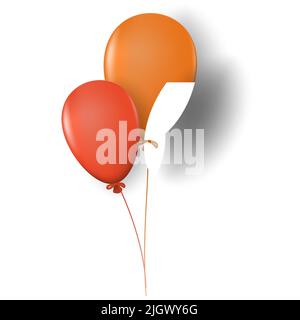 Haufen von drei farbigen Ballons rot, orange Farbe mit Highlights und Schatten auf Seil isoliert auf weißem Hintergrund. Vektorgrafik. Stock Vektor