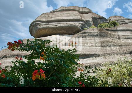 Der Meteora-Komplex besteht hauptsächlich aus Oligozän- und Miozän-Kieselsandsteinen und Pflastersteinen, der Rest sind hauptsächlich grobkörnige Sandsteine. Stockfoto