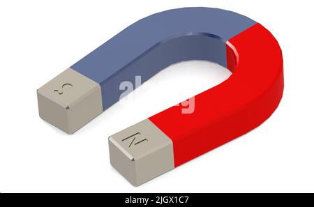 Blauer und roter Hufeisenmagnet isoliert, 3D Rendering Stockfoto