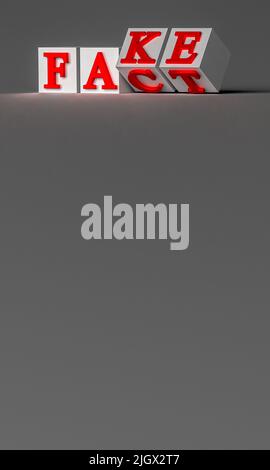 Würfel mit Buchstaben kippen um und die Wörter ändern sich von TATSACHE zu FÄLSCHUNG mit leerem Hintergrund. 3d-Rendering Stockfoto