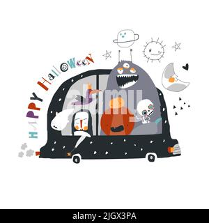 Cartoon Crazy Halloween Monster Reisen mit dem Auto Stock Vektor