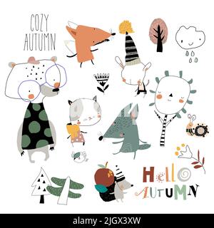 Cartoon Herbst Set mit lustigen Tieren und Bäumen Stock Vektor